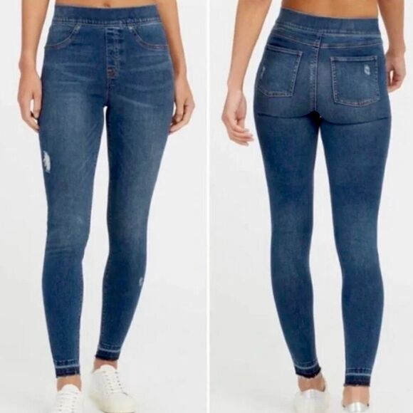 Spanx Dark Wash Distressed Denim High Rise Raw Hem Skinny Jean Jeggings Size M - Picture 1 of 7